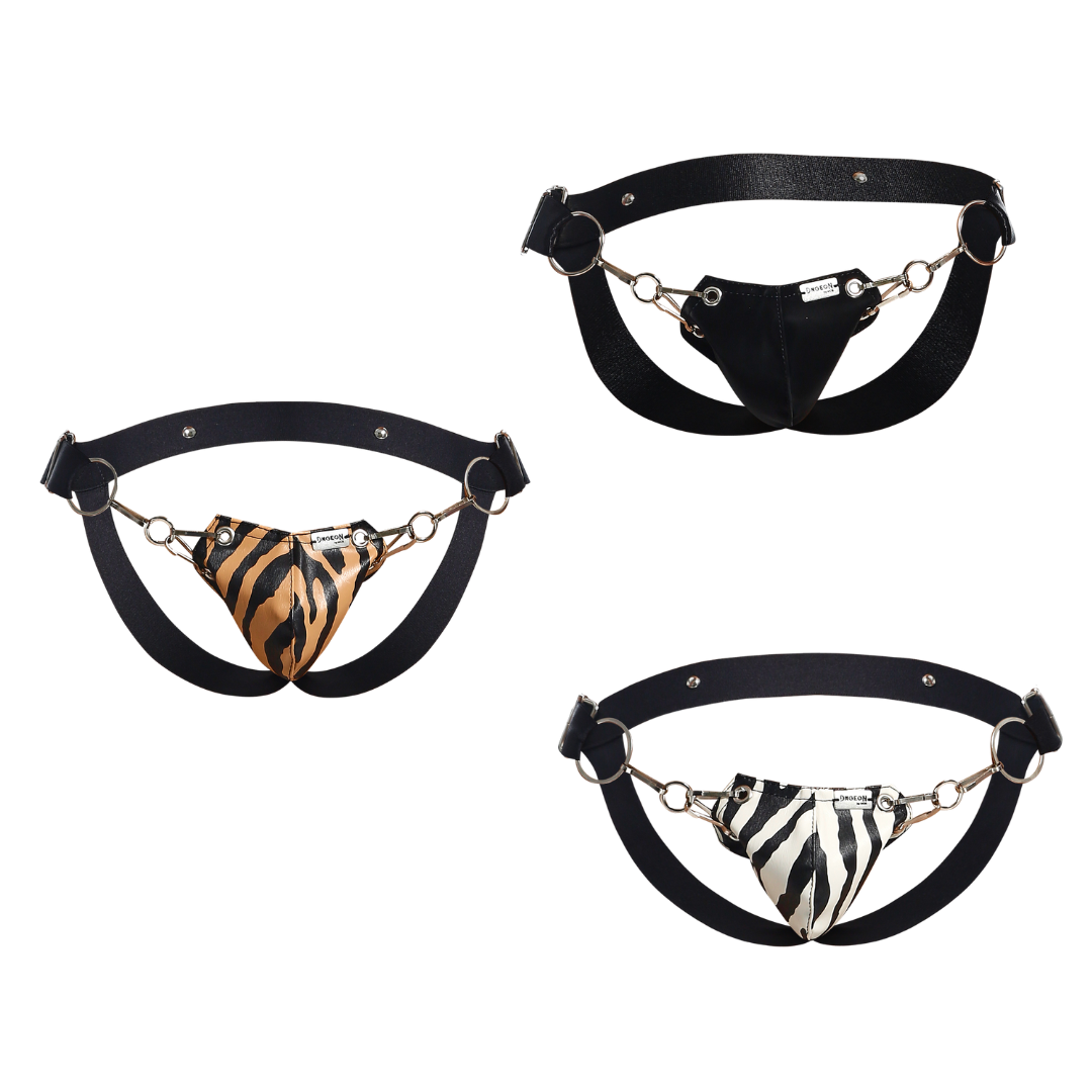 Faux Leather Mesn Jockstrap Side Hooks -Animal-