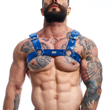 A person wearing a blue faux leather belt harness with a mirrored surface.